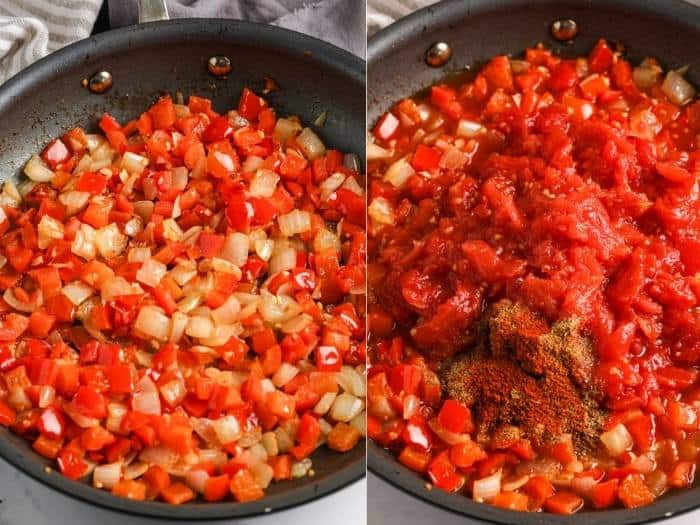 process of adding ingredients to make Shakshuka