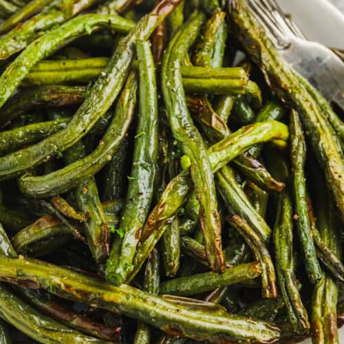 Air Fryer Green Beans on a plate with a fork