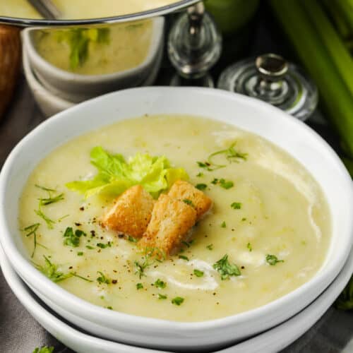 bowl of Celery Soup with pot in the background