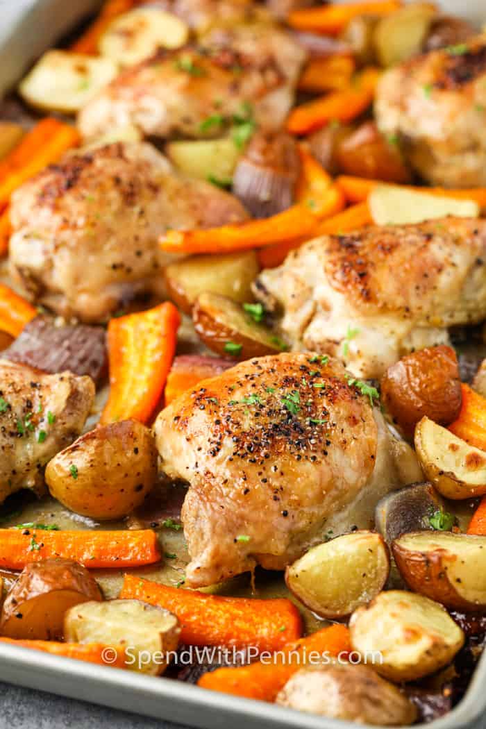 close up of Chicken and Potatoes on a baking sheet