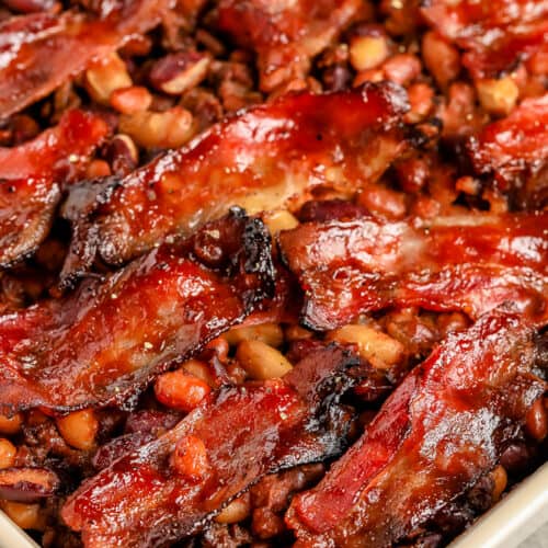 Cowboy Baked Beans in a casserole dish