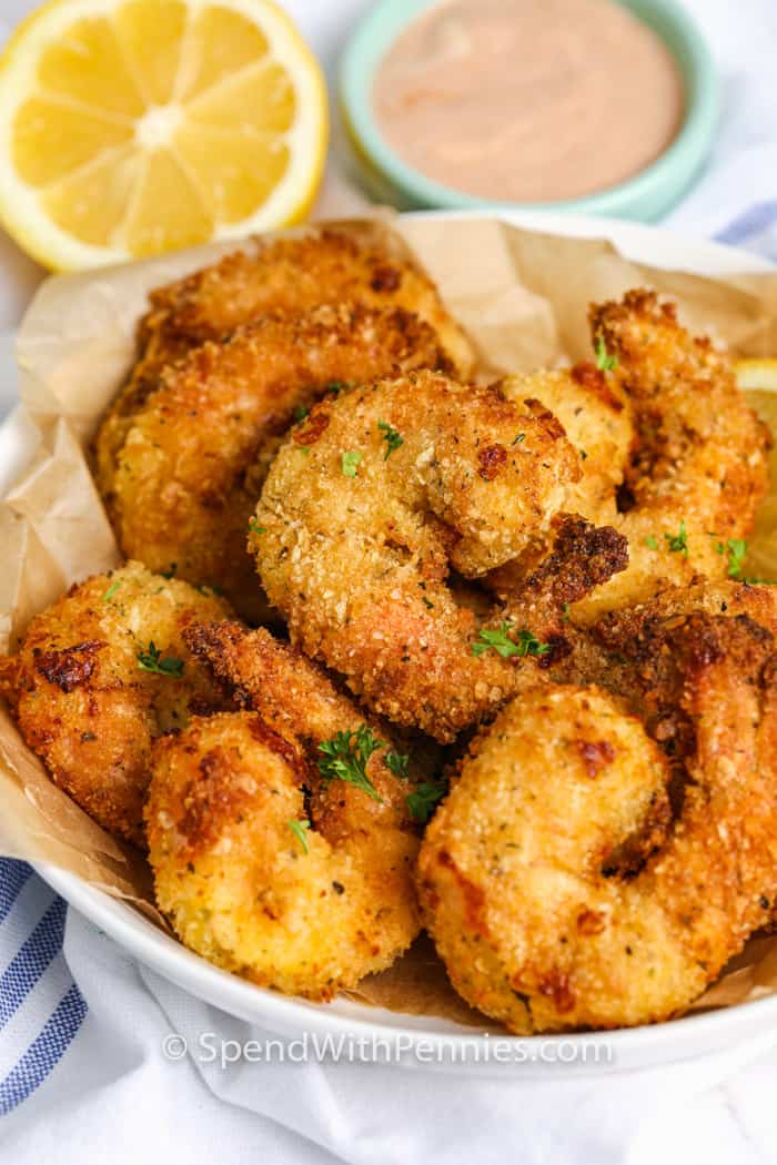 Crispy Air Fryer Shrimp in a bowl with dip