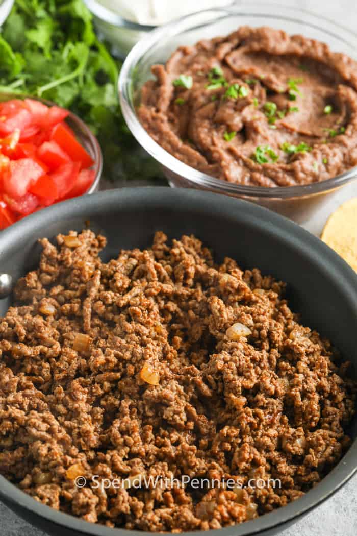 ingredients in bowls to make Ground Beef Tostadas