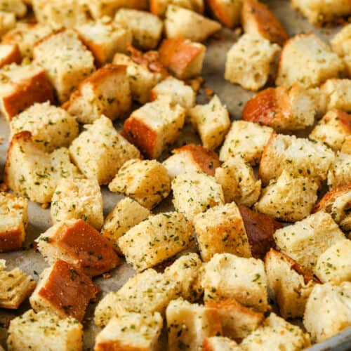 Homemade Croutons on a baking sheet