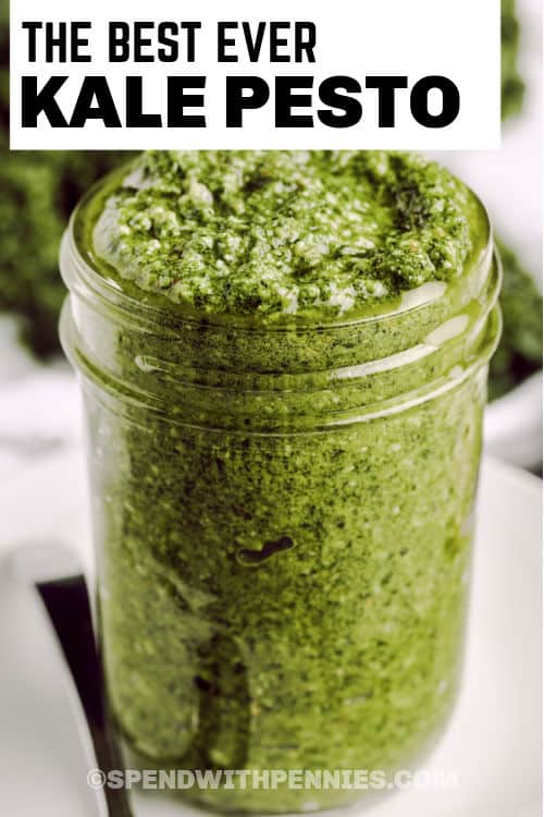 Kale Pesto in a jar with writing