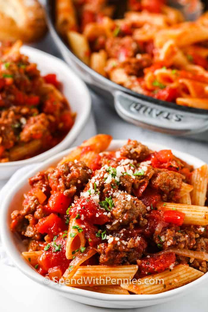 close up of plated Sausage Pasta