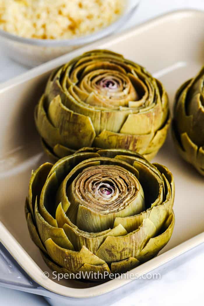 artichokes before stuffing to make Stuffed Artichokes