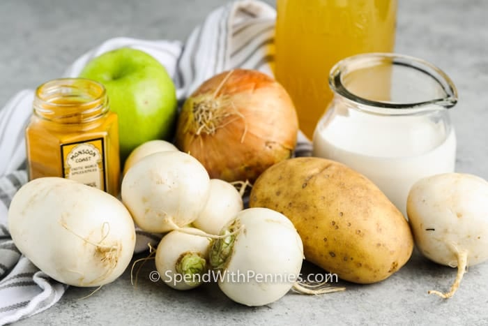 ingredients to make Turnip Soup on a table