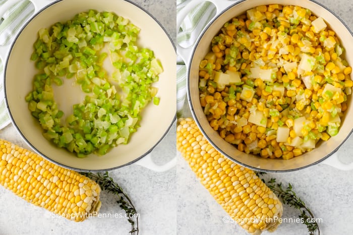 Side by side image of diced celery in a bowl with a side of corn on the cob and an image of corn kernels, diced potatoes, diced celery, chopped onions in a pot with a side of corn on the cob 