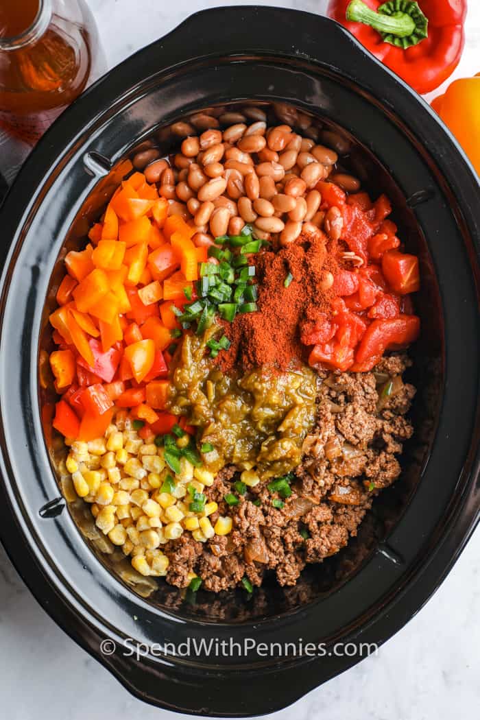 top view of ingredients in the crockpot to make Crock Pot Taco Soup