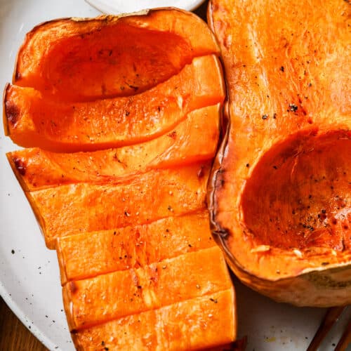 close up of Air Fryer Butternut Squash on a plate with a fork