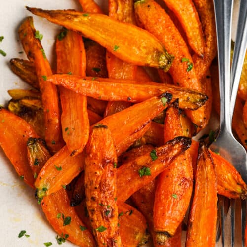 top view of Air Fryer Carrots on a plate with a fork