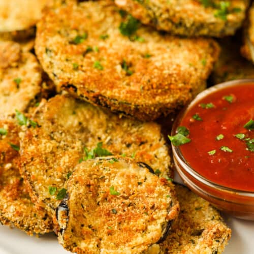 close up of cooked Air Fryer Eggplant on a plate