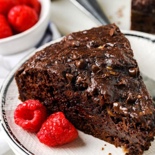 delicious slice of Chocolate Banana Snack Cake on a plate