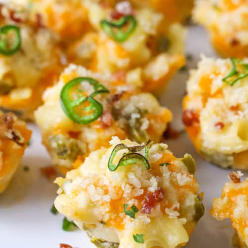 Jalapeno mac and cheese bites on a marble board