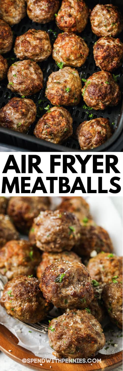 The best Air Fryer Meatballs have simple ingredients and are quick and easy to make. Everyone loves meatballs that are soft and savory on the inside, and crisp on the outside—just like these beauties! #spendwithpennies #airfryermeatballs #recipe #entree #appetizer #Italian #homemade #beef #turkey #easy cooking Air Fryer Meatballs in the air fryer with plated dish and a title