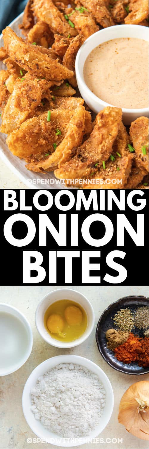 ingredients to make Blooming Onion Bites with finished dish and a title