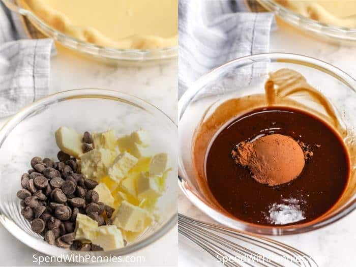 process of mixing ingredients to make Chocolate Pecan Pie