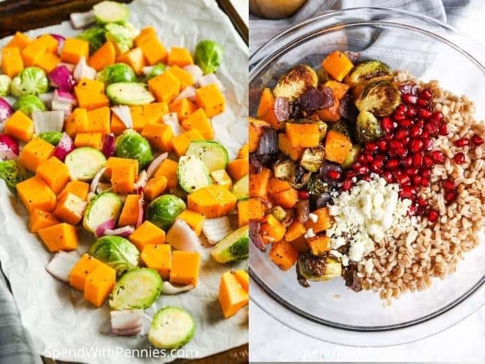 process of adding vegetables and to make a Harvest Farro Salad