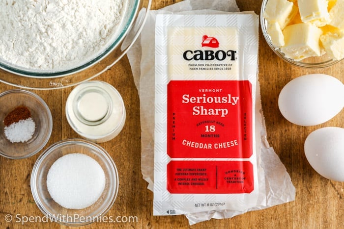 cabot cheese and other ingredients on a wooden board for cheese scones 