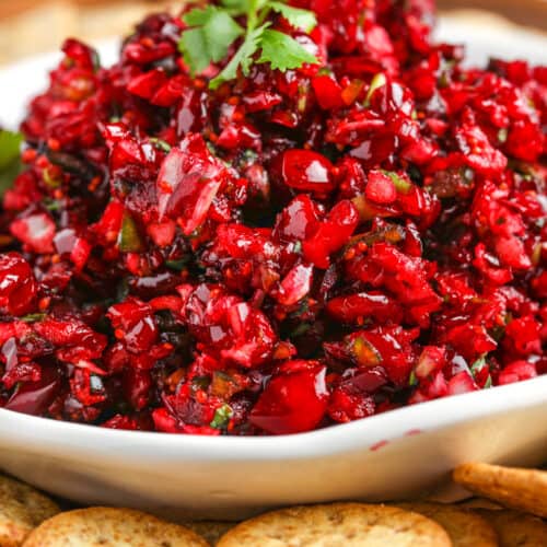close up of Cranberry Salsa in a white bowl with a platter of crackers