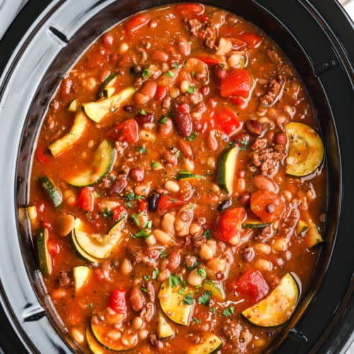 close up on top view of cooked Crock Pot Italian Bean Soup