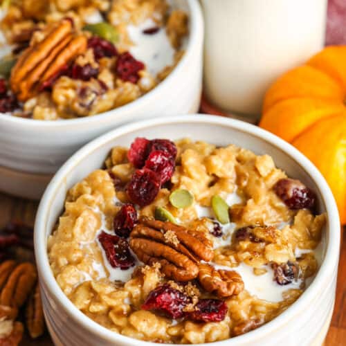 close up of two bowls of Pumpkin Oatmeal