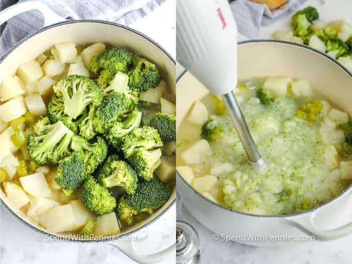 process of blending potato and broccoli together in the pot