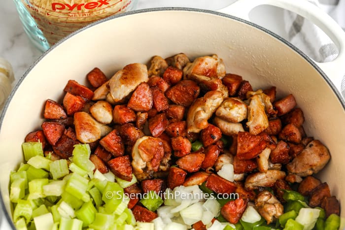 close up of ingredients in pot to make Cajun Jambalaya