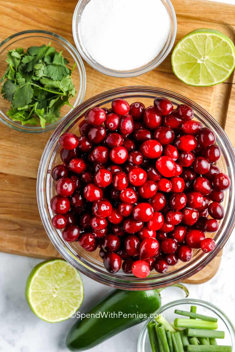 ingredients for cranberry salsa on a wood board