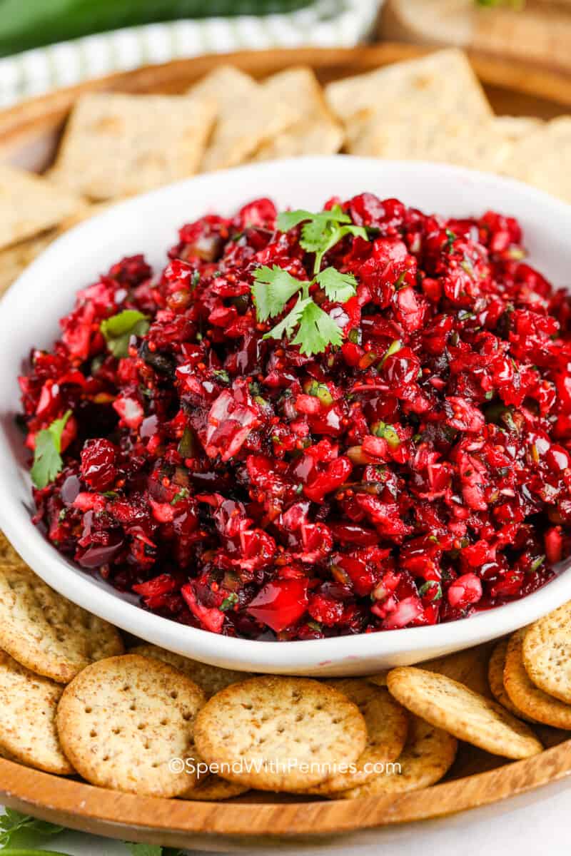 Tranbärssalsa är en snabb och enkel dipp med bara 7 ingredienser. Syrlig och söt med en kryddig finish, passar utmärkt till färskost och kan till och med blandas i en sallad! #spendwithpennies #tranbärssalsa #aptitretare #dipp tranbärssalsa garnerad med koriander i en vit skål omgiven av kex