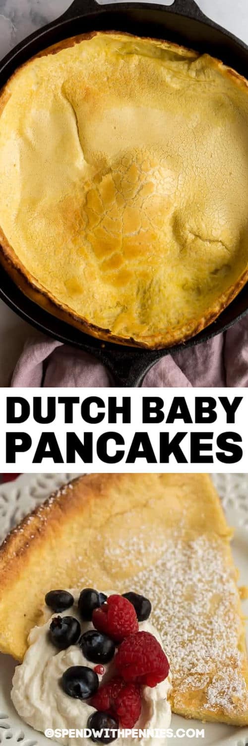 Dutch Baby pancake in the pan and plated with writing