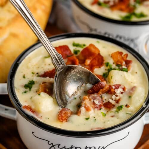 Potato Bacon Soup in a bowl with a spoon