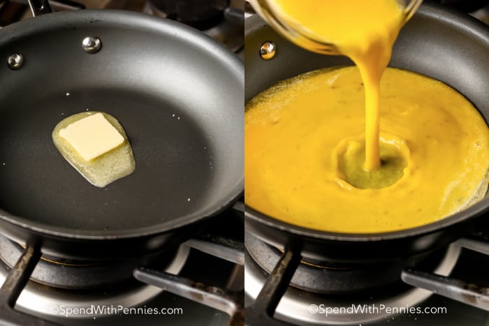 butter melting in a pan and eggs being poured into a pan for How To Make A Omelette