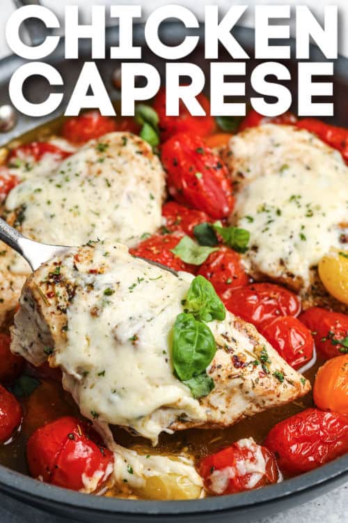 Easy Caprese Chicken cooking in the pan with writing