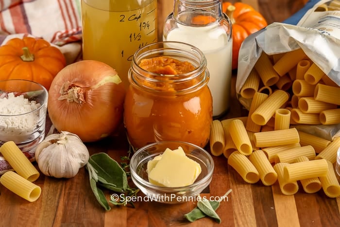 Pumpkin Pasta ingredients on a wooden board
