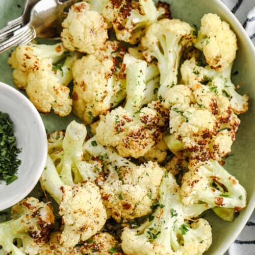 top view of Air Fryer Cauliflower on a plate with a fork