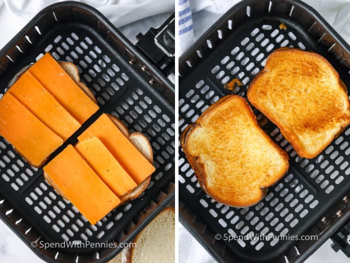 two grilled cheese sandwiches in an air fryer basket