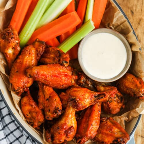 top view of Crispy Air Fryer Hot Wings in a basket