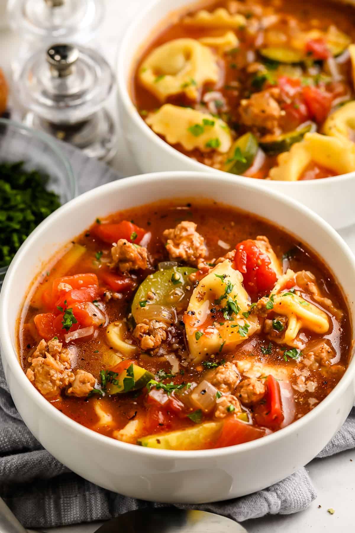 sausage tortellini soup in a bowl