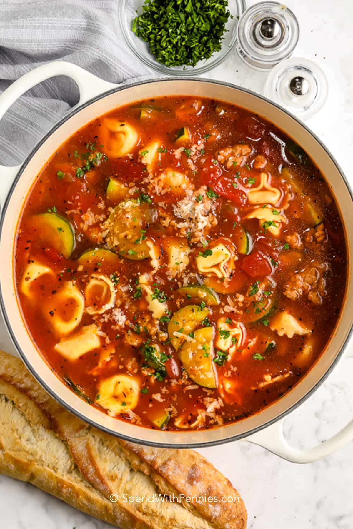 a large pot of sausage tortellini soup