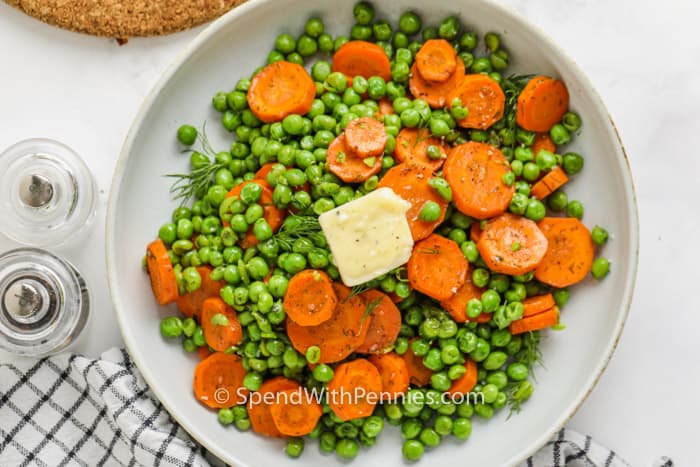 top view of plated Buttery Peas and Carrots