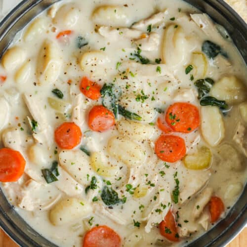 top view of Chicken Gnocchi Soup in a pot