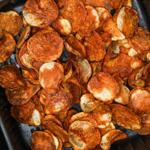 close up of cooked Air Fryer Potato Chips in the air fryer