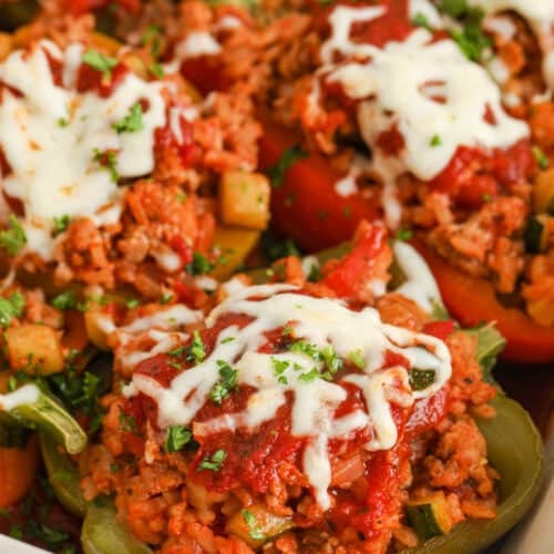 cooked Ground Turkey Stuffed Peppers in a pan