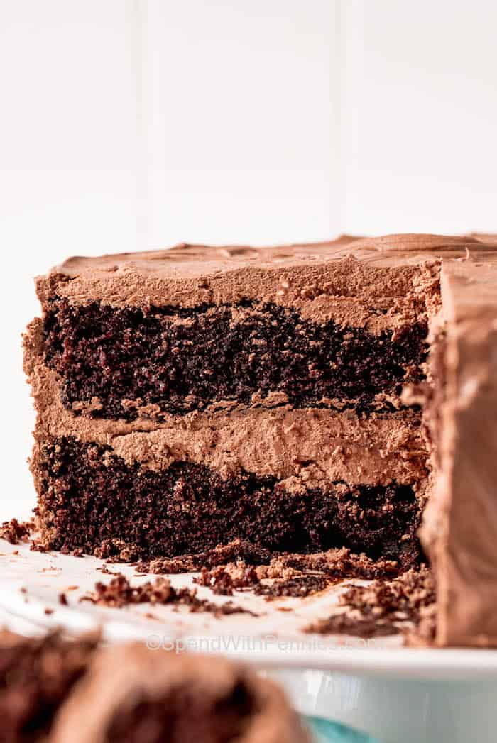 cut chocolate cake on a plate