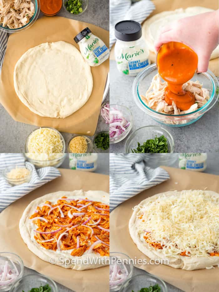 process of adding ingredients to make a Buffalo Chicken Pizza