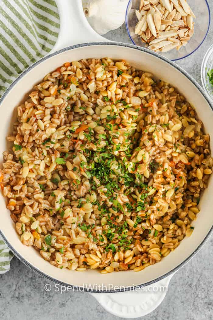 top view of cooked Farro Pilaf in the pot