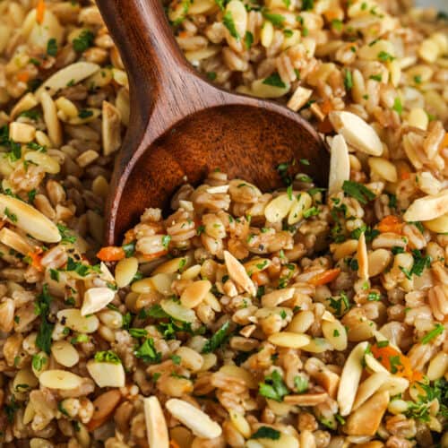 close up of plated Farro Pilaf