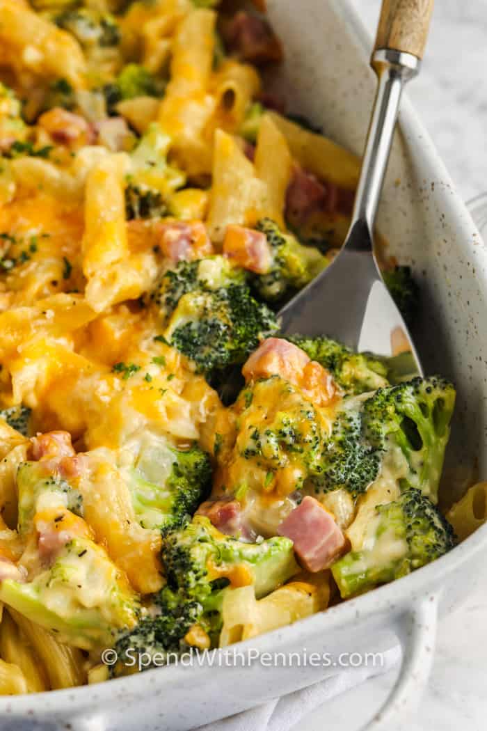 Broccoli Casserole with a spoon inside